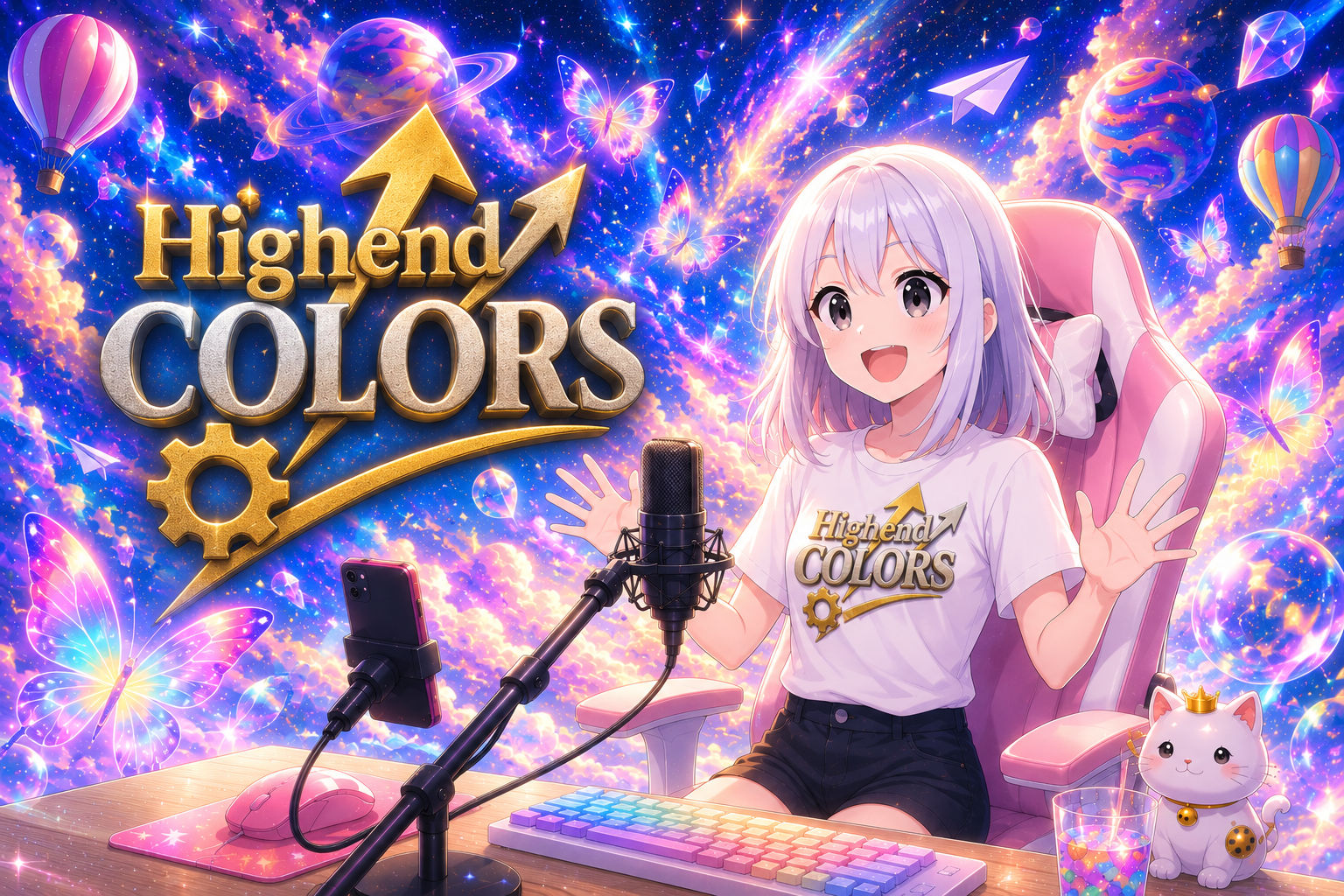 紫とゴールドのライブ会場、配信機材、観客を描いたHigh end COLORSのブランドビジュアル